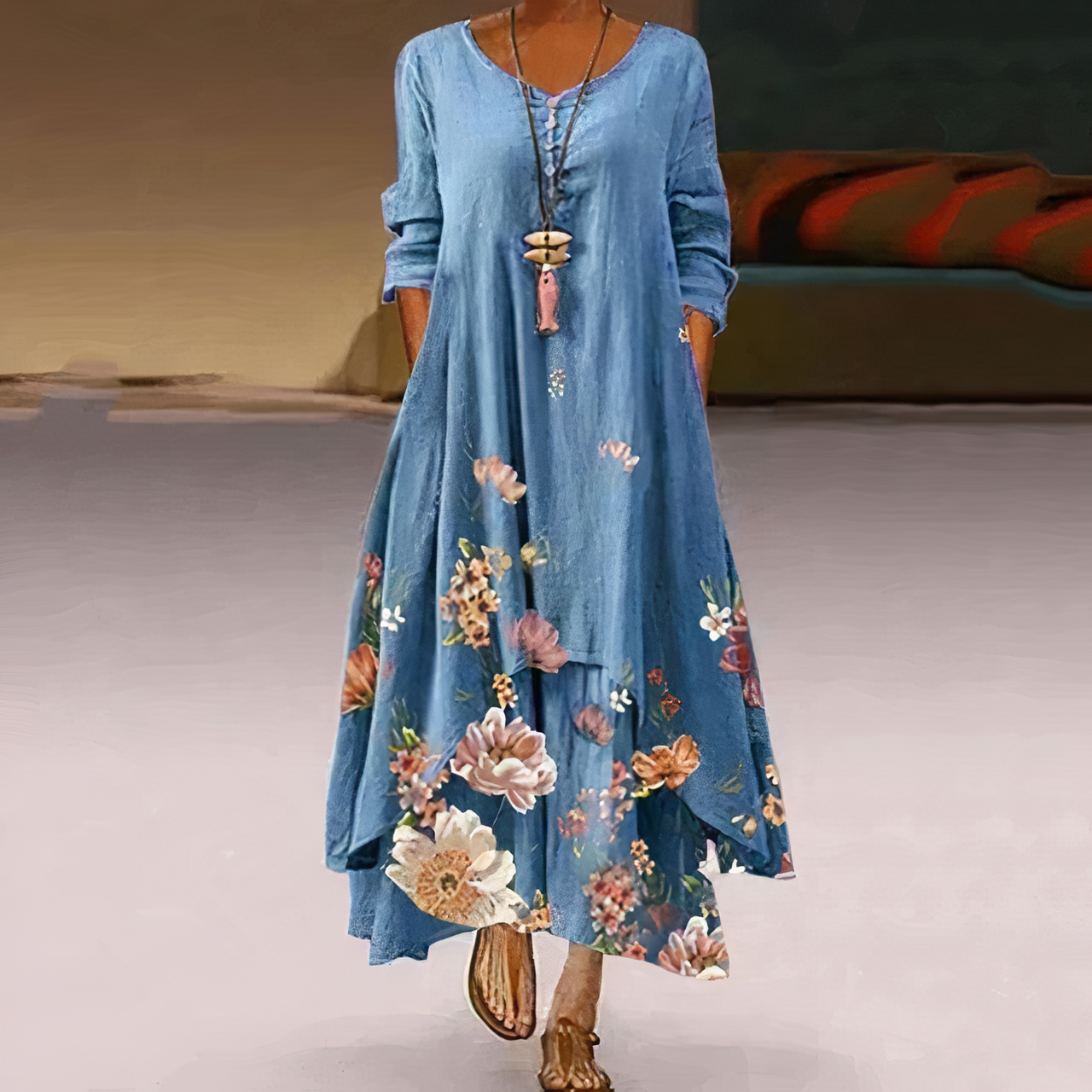 Kerith | Women's Floral Maxi Dress with Round Neck & Layered Hem