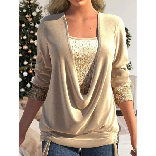 Petronelle | Women’s Elegant Sequin Long Sleeve Blouse with Adjustable Drawstring Hem