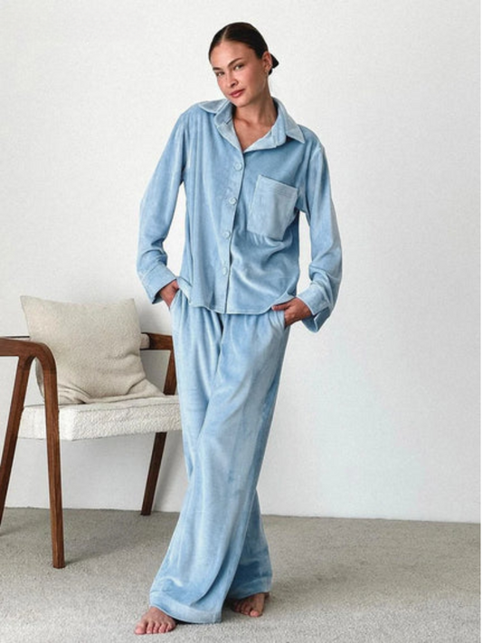 June | Women’s Blue 2-Piece Pyjama Set with Button-Up Shirt & Trousers