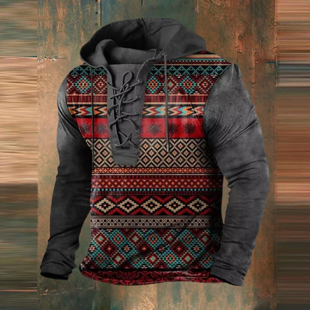 Dirken | Men's Vintage Tribal Print Hoodie with Drawstring
