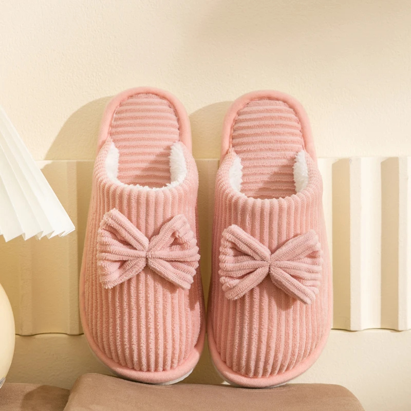 Donna | Women's Lightweight Ribbed Plush House Slippers with Ribbon Decor