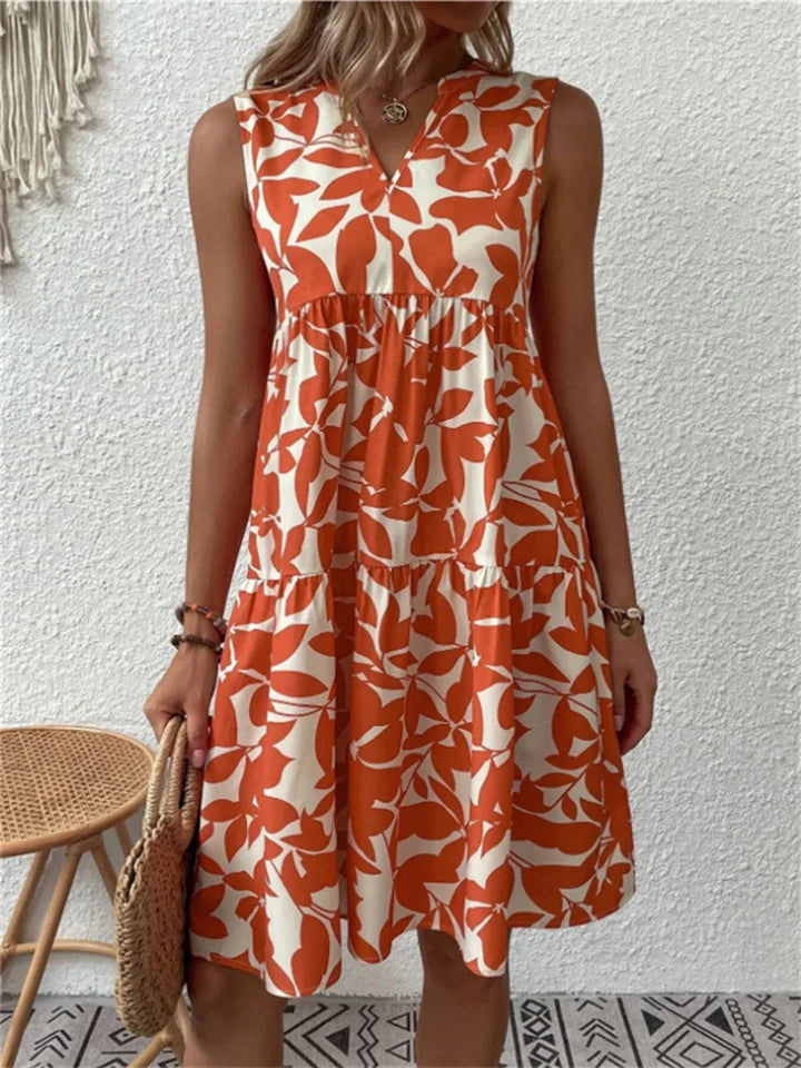 Niamh | Women's V Neck Sleeveless Leaf Print Knee-Length Summer Dress