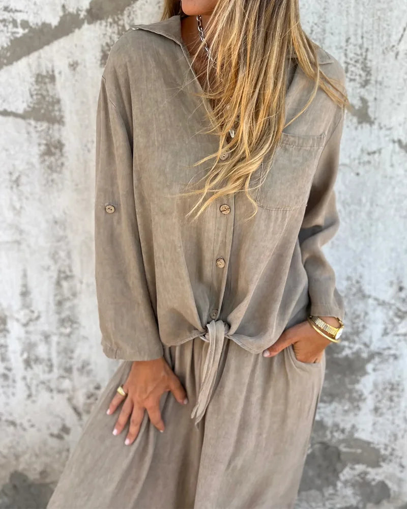 Dorigen | Women's Solid Colour Two-Piece Set with Buttoned Tie-Hem Blouse and Wide-Leg Trousers