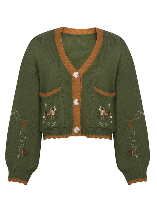 Henrietti | Women's Embroidered Wool Knit Cardigan with Buttons and Contrast Details