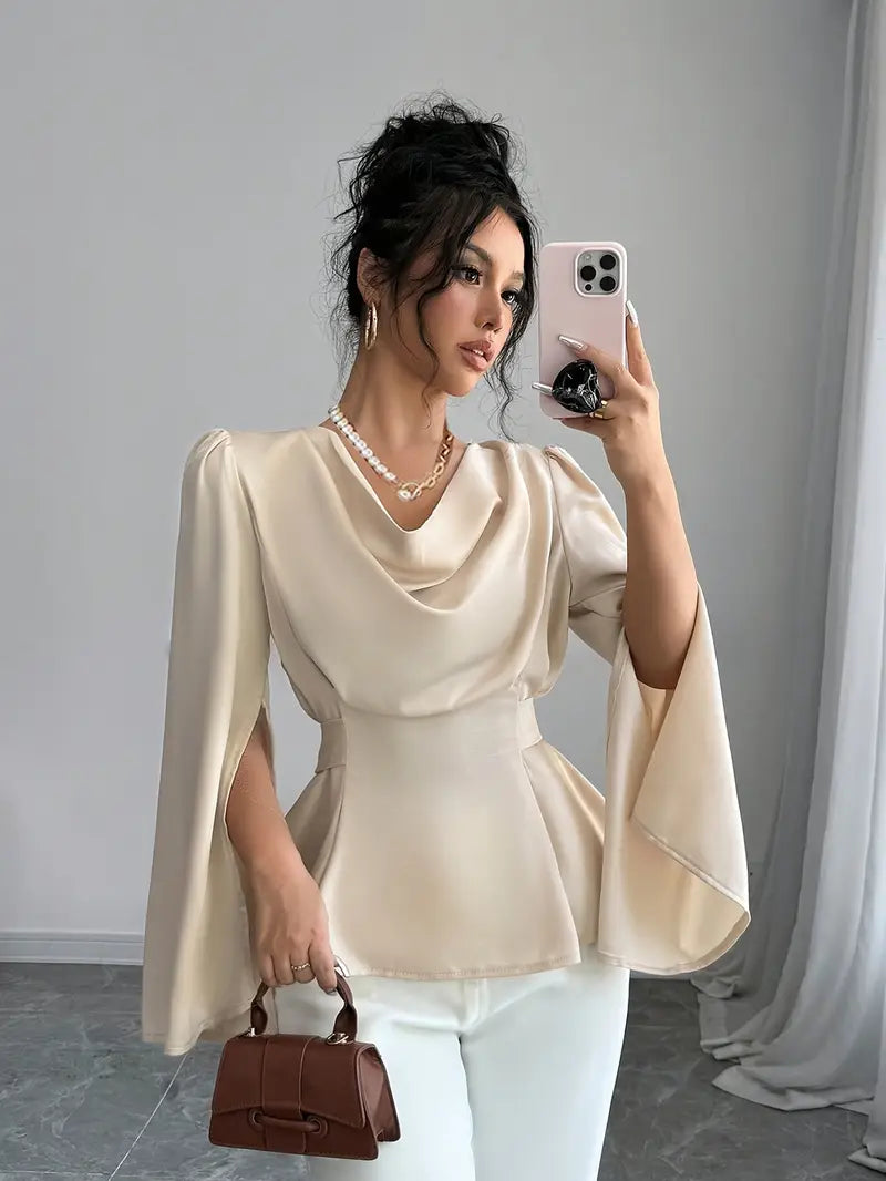 Brindlyn | Cinched‑Waist Tie‑Back Blouse – Sleeve‑Slit Elegance