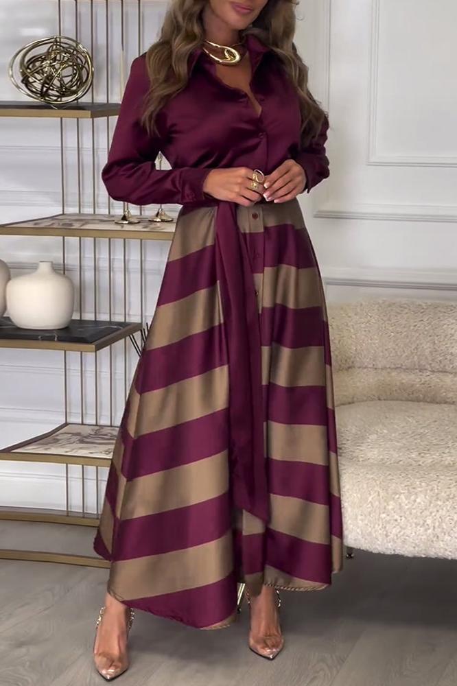 Chrysella | Elegant Striped Buttoned V-Neck Maxi Dress with Belt