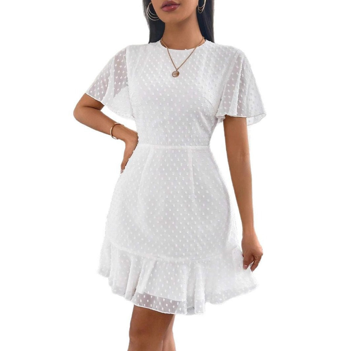 Tavina | Women's Polka Dot Ruffle Trim Mini Dress with Round Neck & Short Sleeves