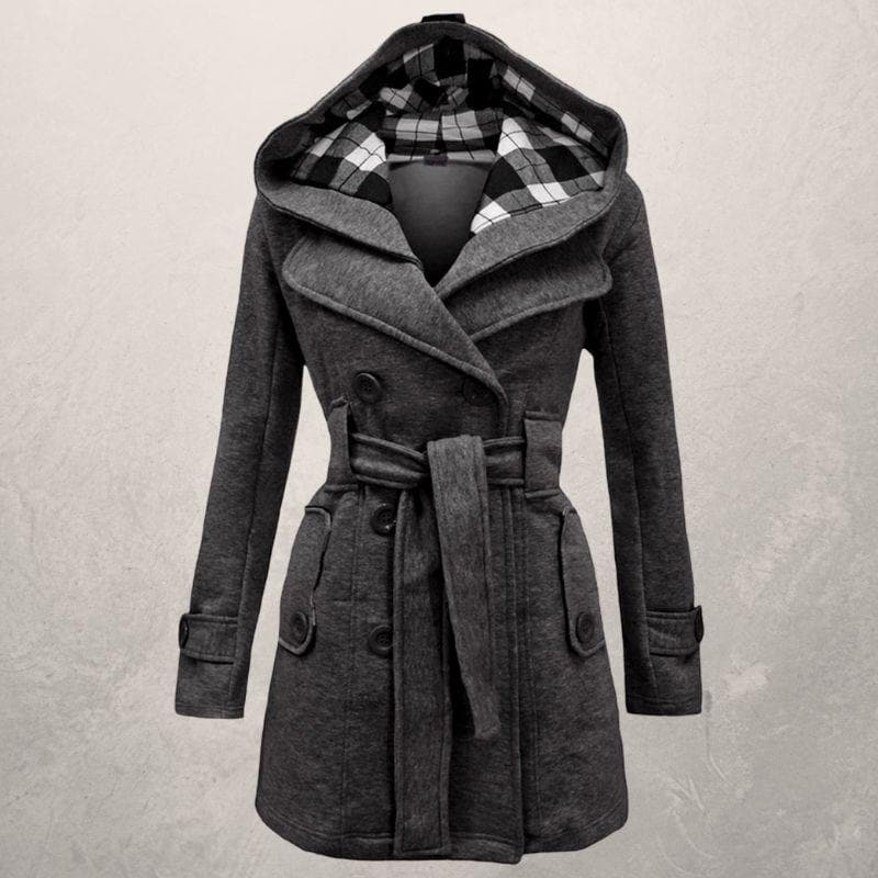 Jehanna | Women's Cotton Trench Coat with Belt and Hood – Double-Breasted Slim Fit Winter Coat