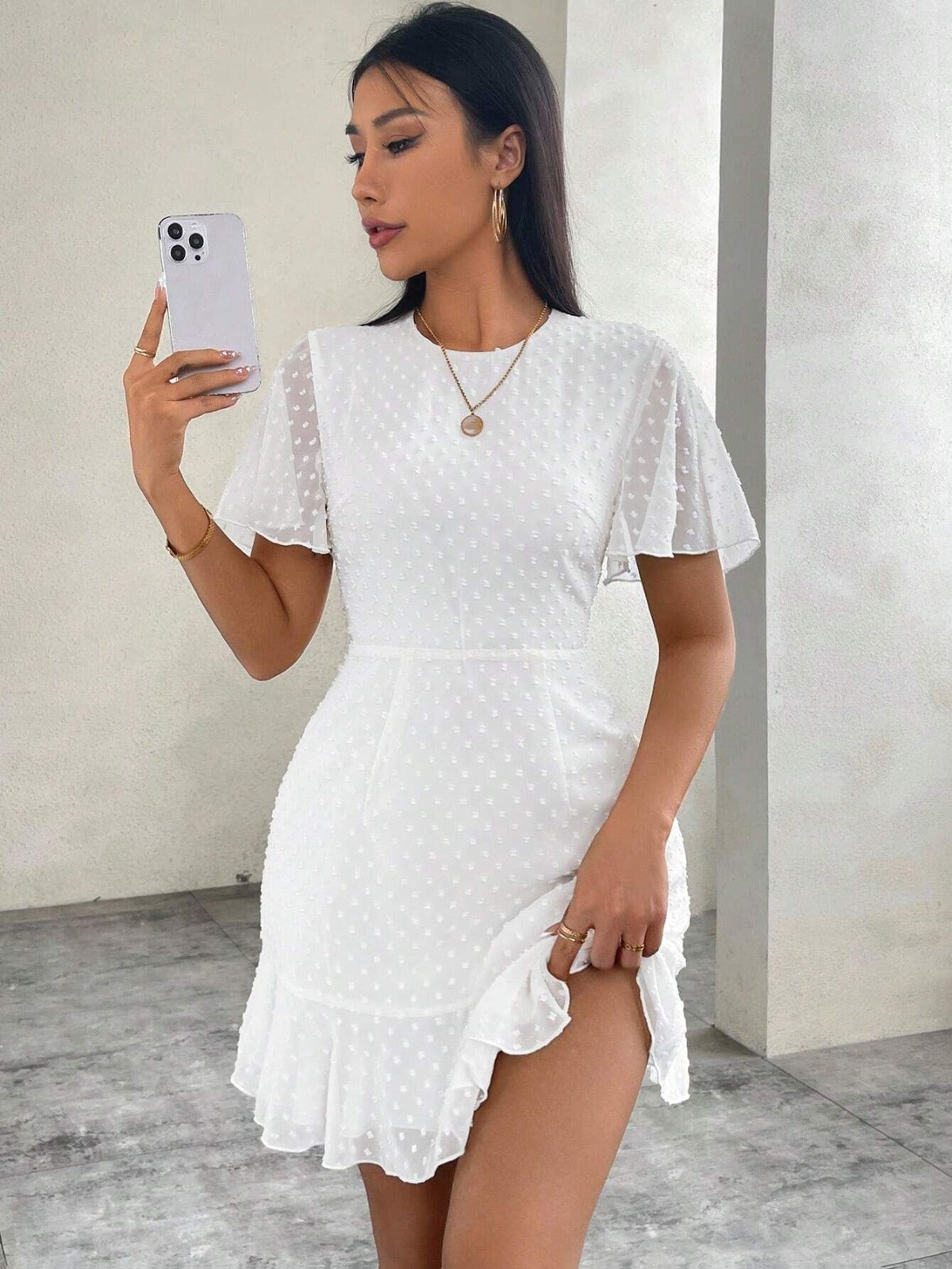 Tavina | Women's Polka Dot Ruffle Trim Mini Dress with Round Neck & Short Sleeves