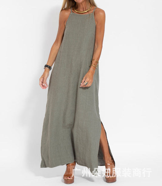 Eleanor | Women's Spaghetti Strap Solid Colour Maxi Dress with Leg Slit – Loose Fit for Summer