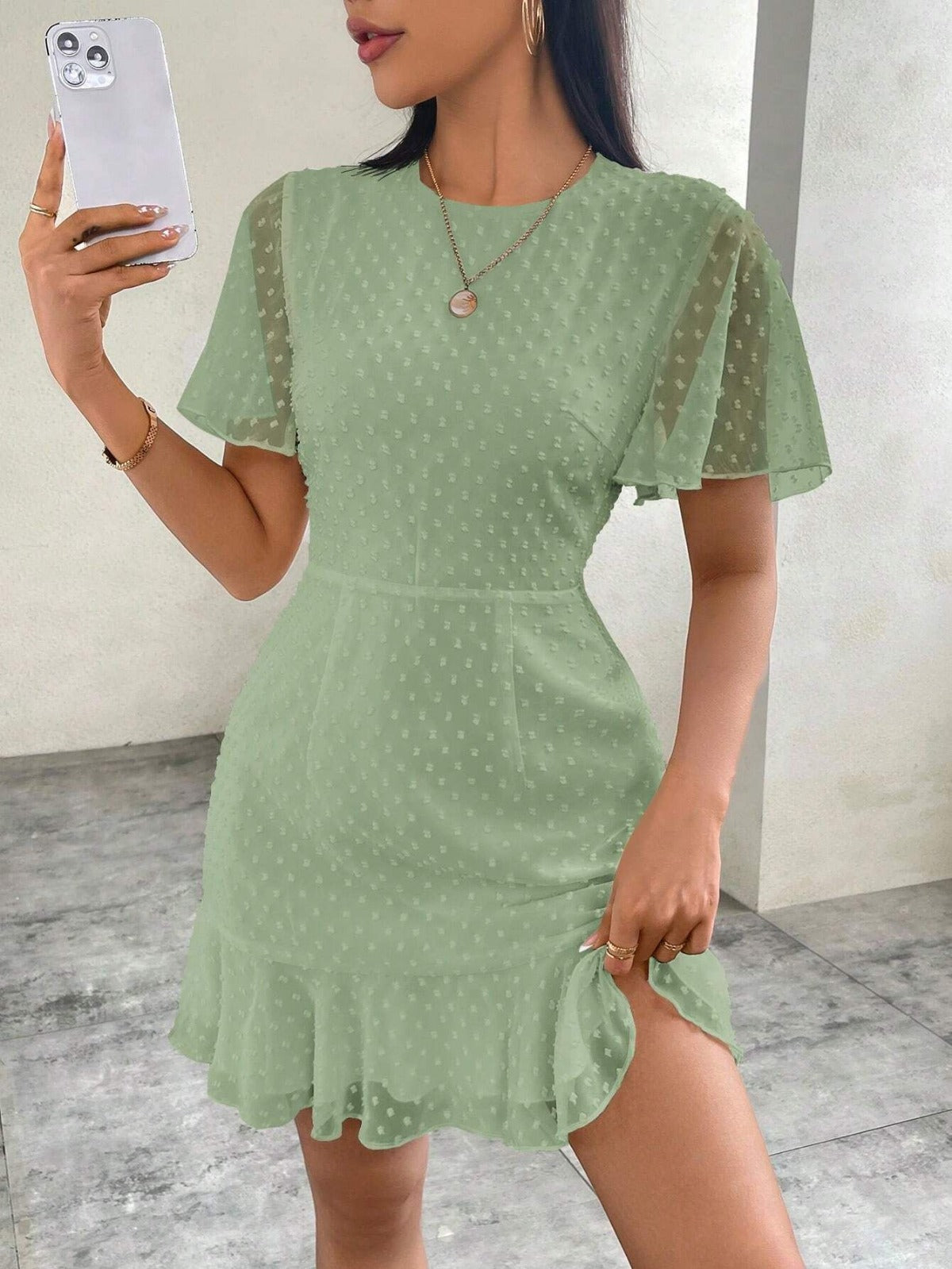 Tavina | Women's Polka Dot Ruffle Trim Mini Dress with Round Neck & Short Sleeves