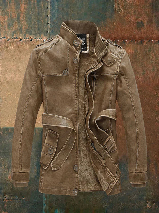 Matthew | Men’s Vintage Leather Look Long Jacket with Warm Fleece Lining & Classic Buttons