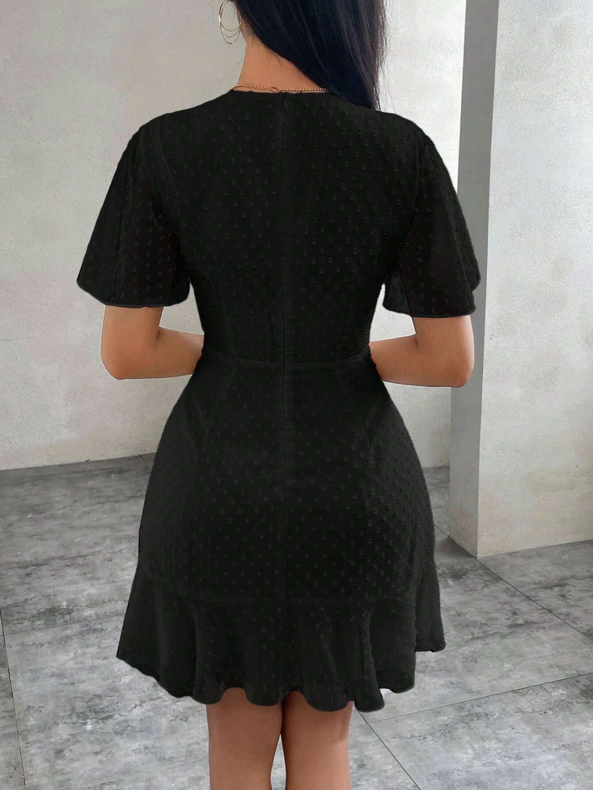 Tavina | Women's Polka Dot Ruffle Trim Mini Dress with Round Neck & Short Sleeves