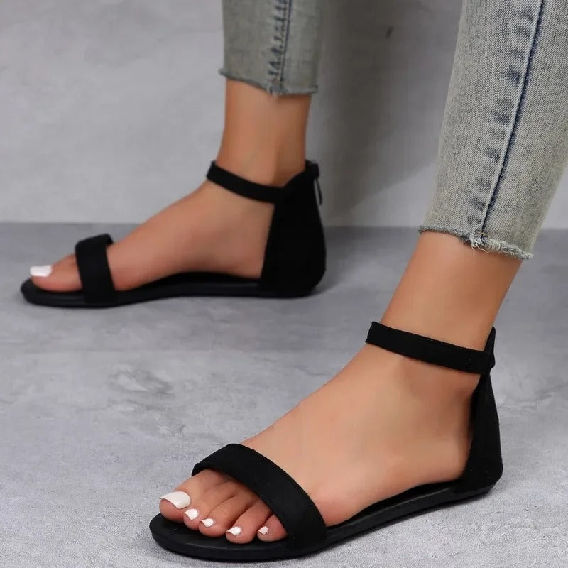 Ella | Women's Flat Ankle Strap Sandals with Back Zip – Elegant & Comfortable Summer Footwear