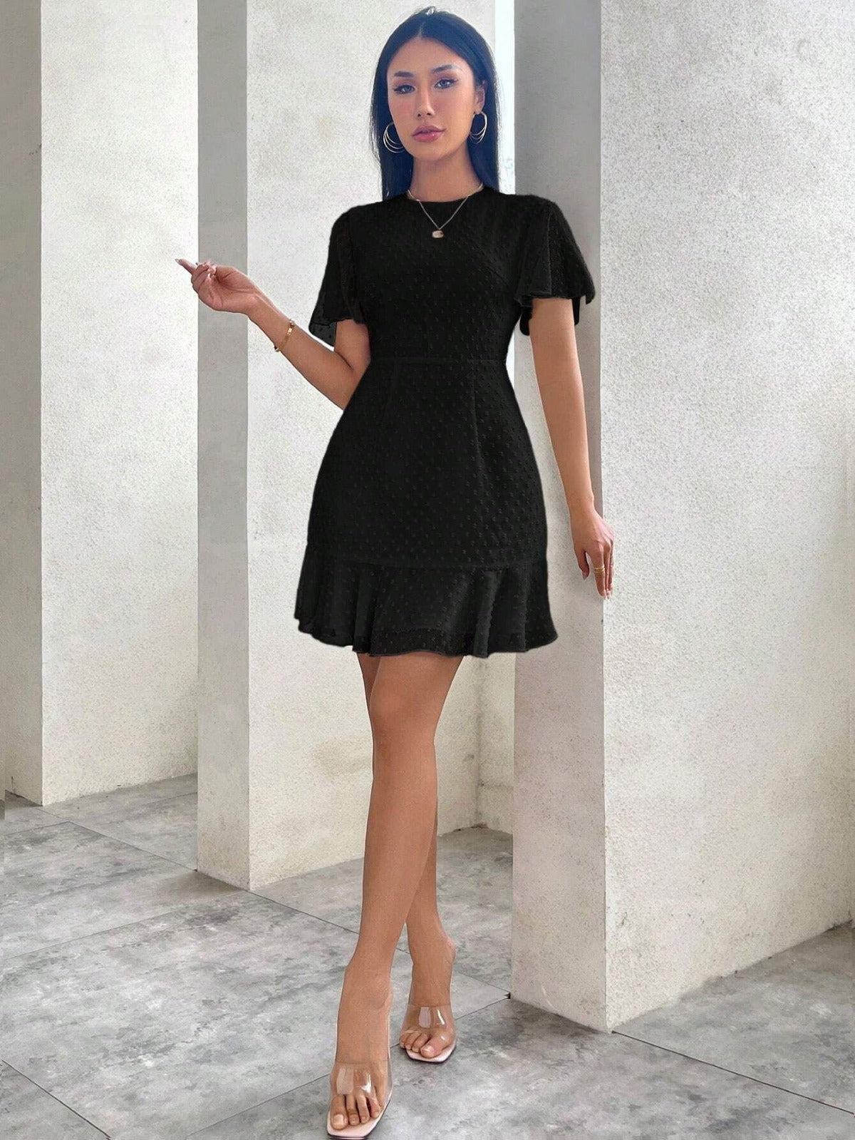Tavina | Women's Polka Dot Ruffle Trim Mini Dress with Round Neck & Short Sleeves