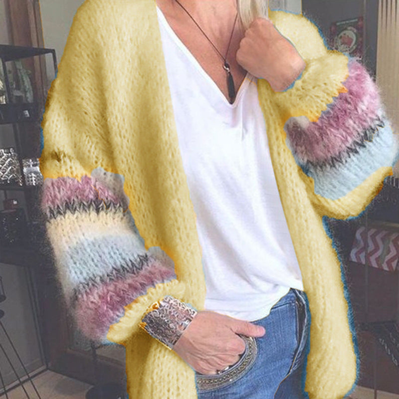 Tascha | Women's Soft Knitted Open Front Cardigan with Multicolor Striped Sleeves