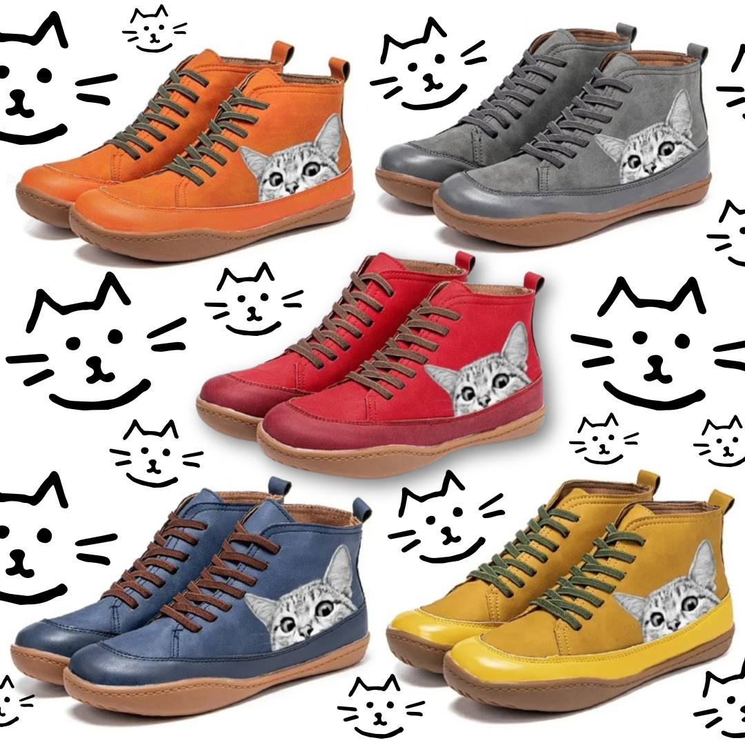 Amane | Women’s Orthopedic Lace-Up Boots with Stylish Cat Print