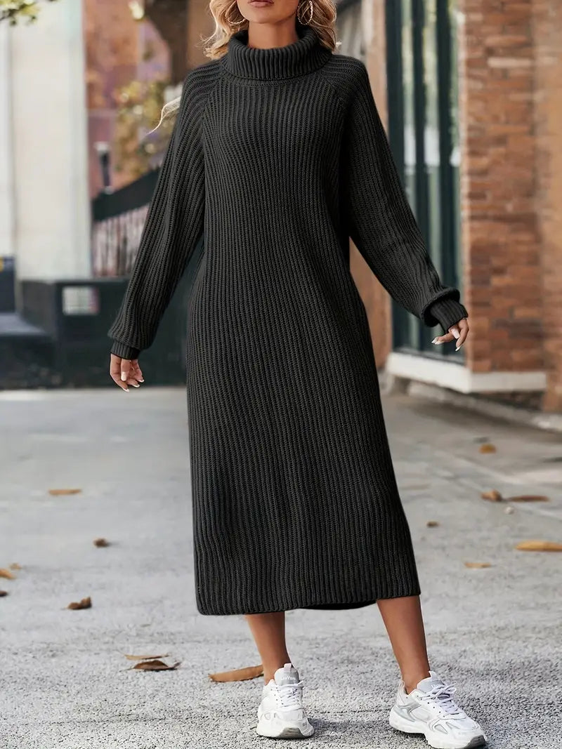 Pixie | Women's Striped Textured Knitted Midi Dress – Elegant High Neck & Long Sleeves