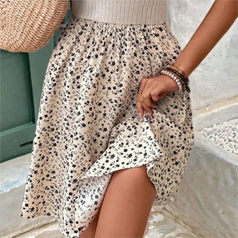 Maelie | Halter Neck Lace Detail Mini Dress with Floral Skirt – Playful Summer Elegance