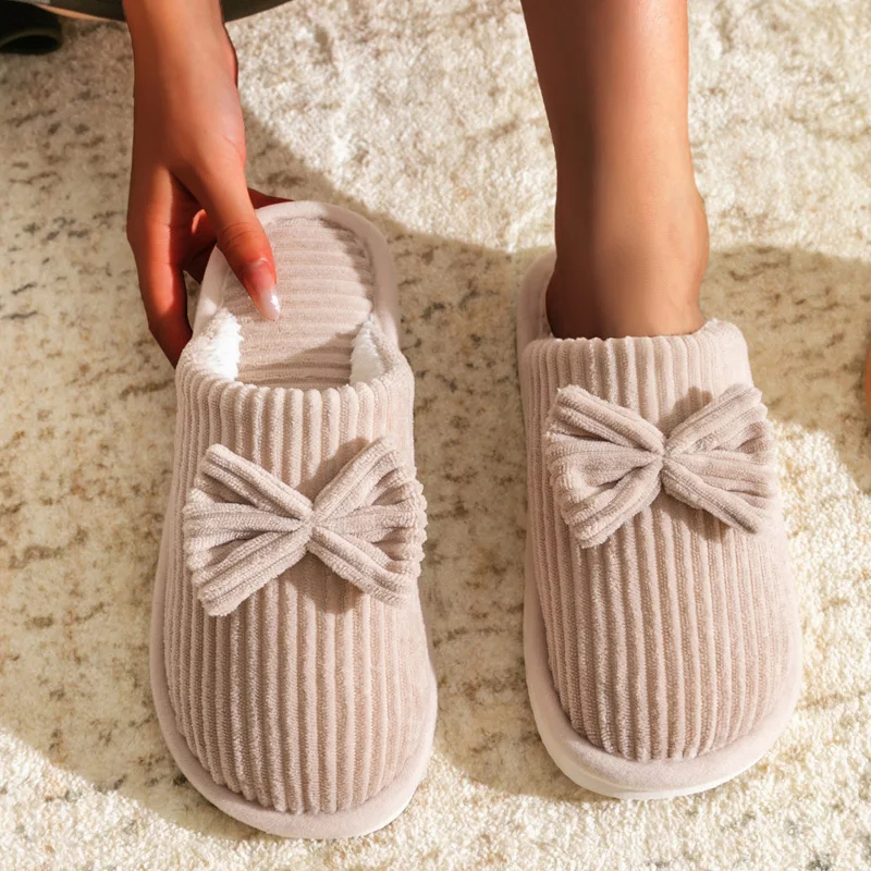 Donna | Women's Lightweight Ribbed Plush House Slippers with Ribbon Decor