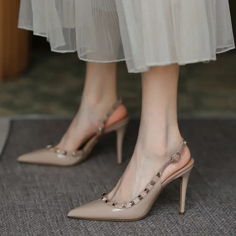 Lunora | Women's Pointed Toe Slingback Heels – Elegant Metal Stud Buckle Sandals