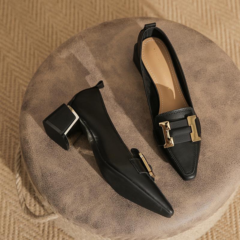 Lunelle | Women’s Pointed Toe Loafer Heels – Elegant Slip-On Block Heels with Metal Detail