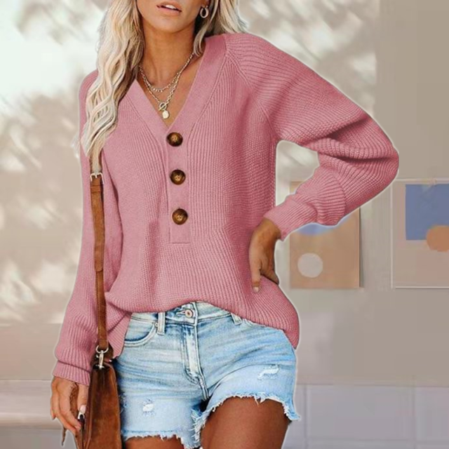 Andrea | Women’s Solid Colour V-Neck Partial Buttoned Sweater