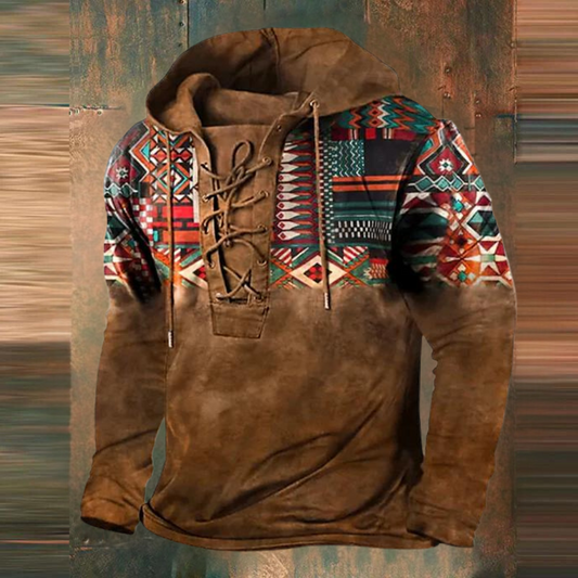 Dirken | Men's Vintage Tribal Print Hoodie with Drawstring