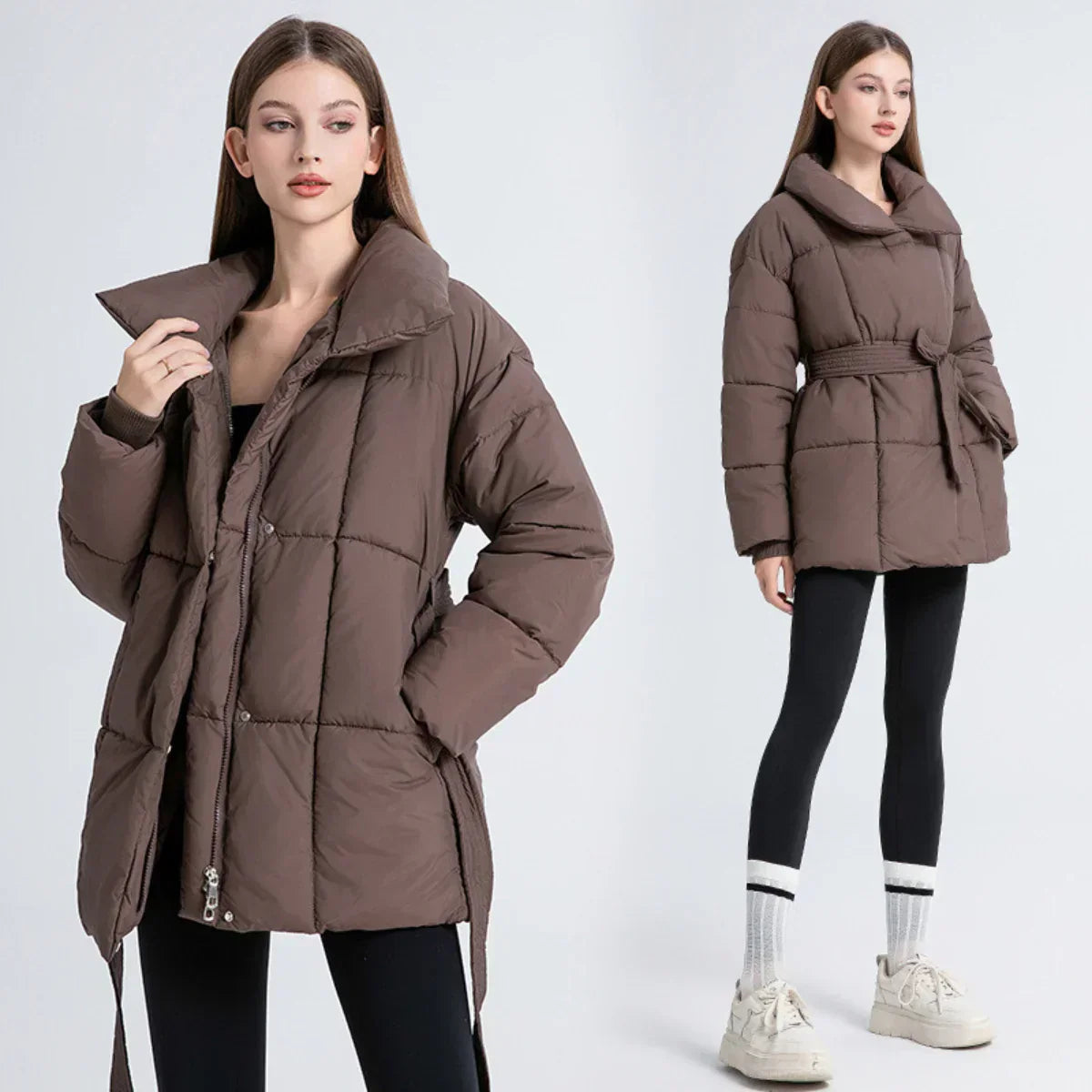 Ysabellea | Women's Padded Winter Coat with Wrap Collar and Adjustable Belt