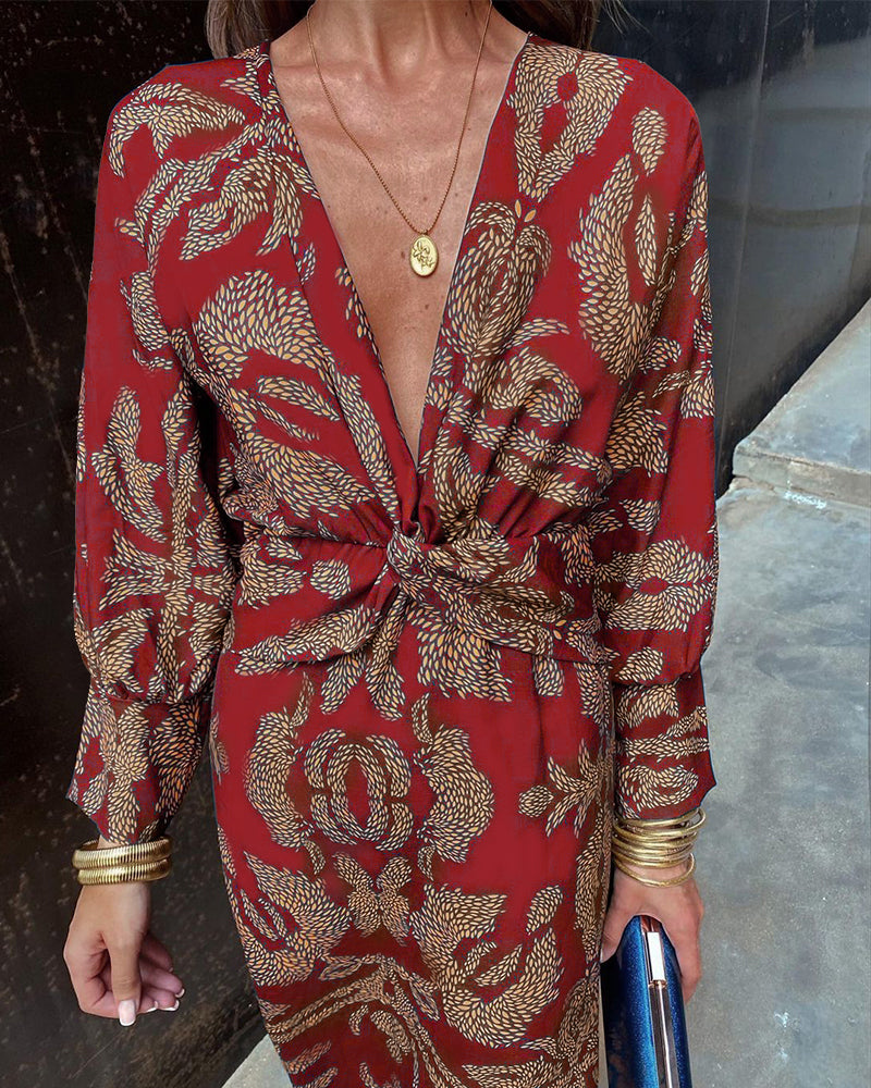 Virginia | Women's Elegant V-Neck Twisted Waist Long Sleeve Maxi Dress