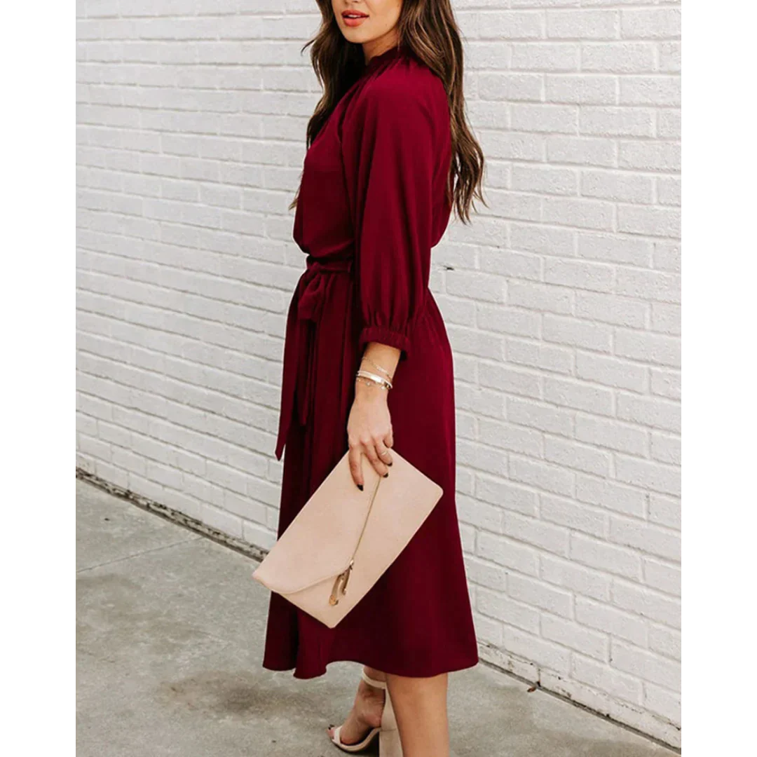Delaney | Elegant Midi Dress with Tie Waist & Bishop Sleeves