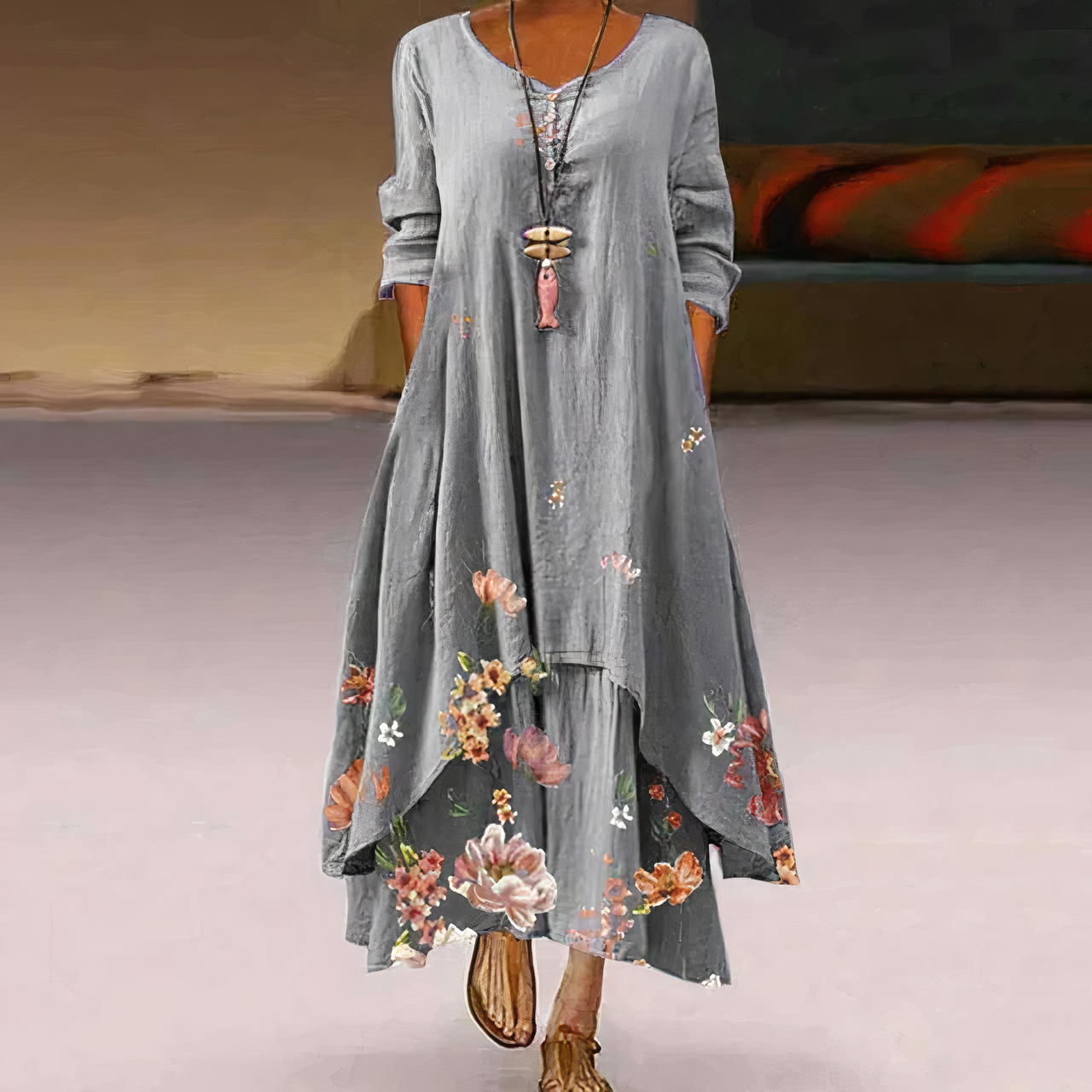 Kerith | Women's Floral Maxi Dress with Round Neck & Layered Hem