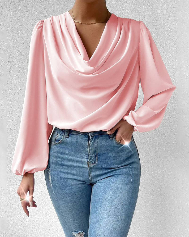 Lysandra | Women’s Drape Collar Lantern Sleeve Blouse – Elegant Loose-Fit Solid Top