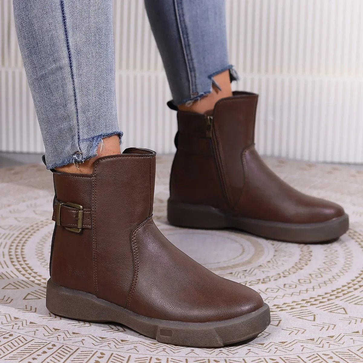 Adelisae | Women's Stylish Ankle Boots with Metal Buckle, Side Zip, and Durable Sole