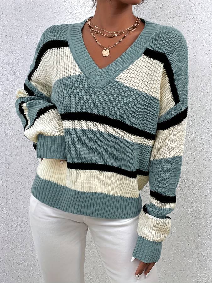 Filana | Women's Chic V-Neck Striped Knitted Sweater