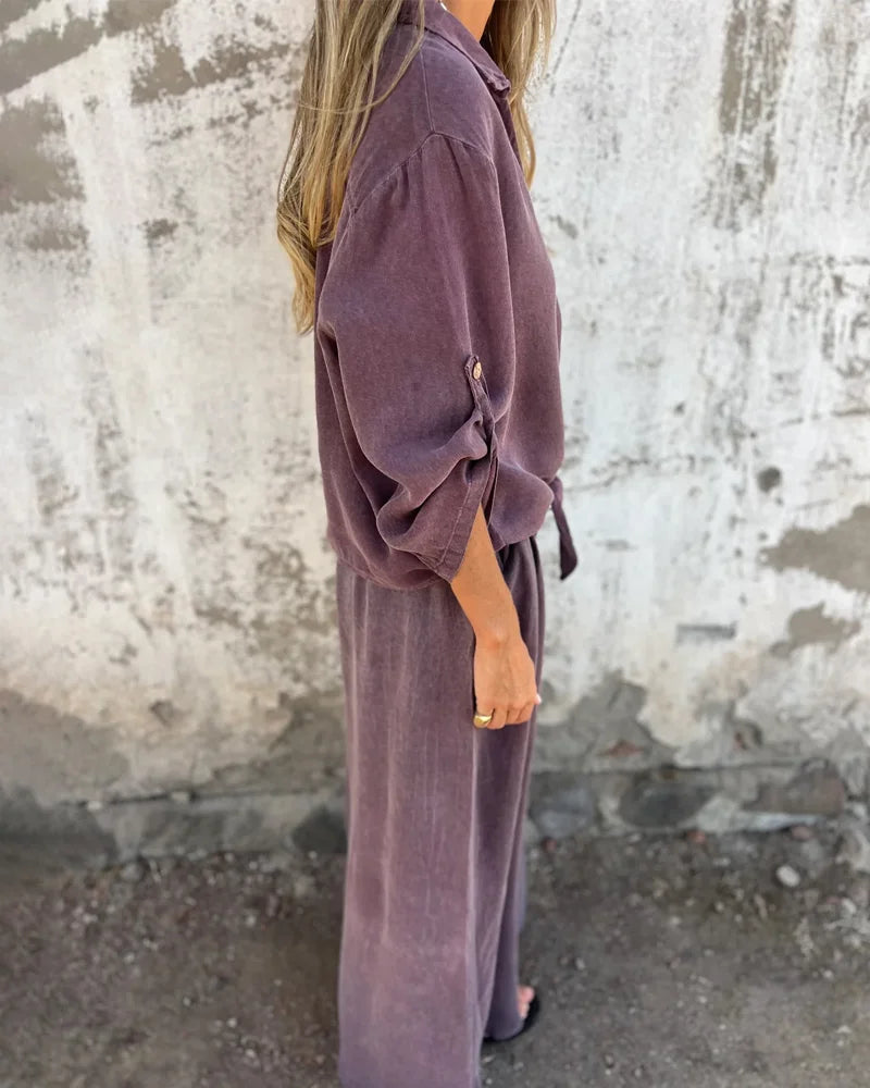 Dorigen | Women's Solid Colour Two-Piece Set with Buttoned Tie-Hem Blouse and Wide-Leg Trousers