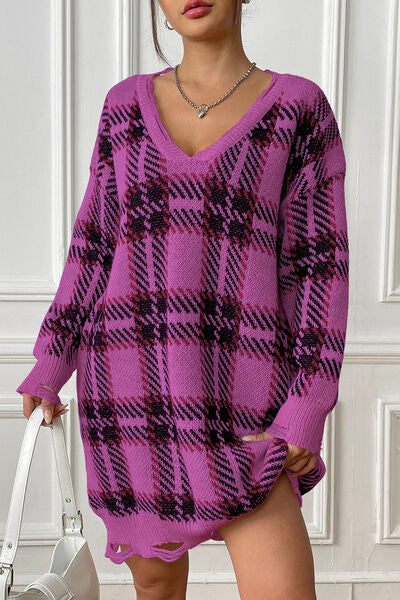 Quindra | Long Knit Sweater with Check Pattern and Relaxed Fit