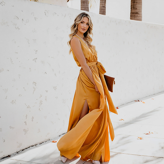 Nymeria | Women’s Elegant Sleeveless V-Neck Maxi Dress with Slit and Waist Tie
