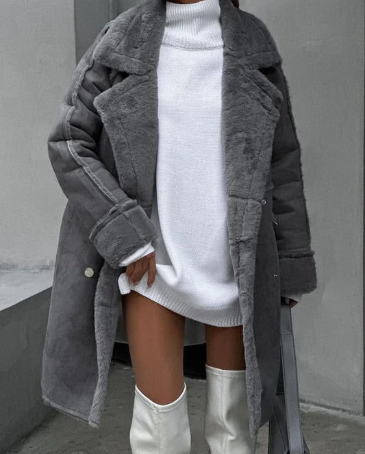 Edilda | Women's Long Coat with Soft Fleece Lining and Classic Lapel Collar
