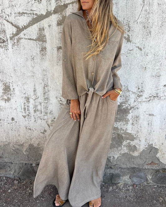 Dorigen | Women's Solid Colour Two-Piece Set with Buttoned Tie-Hem Blouse and Wide-Leg Trousers