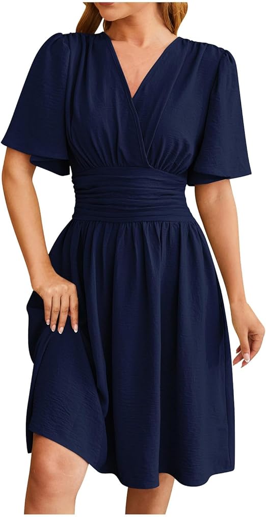 Yasmin | Women's V Neck Bell Sleeve Pleated Knee-Length Dress with Cinched Waist