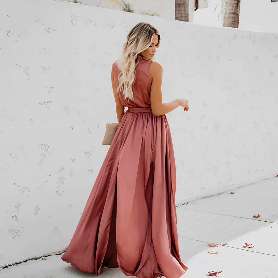Nymeria | Women’s Elegant Sleeveless V-Neck Maxi Dress with Slit and Waist Tie