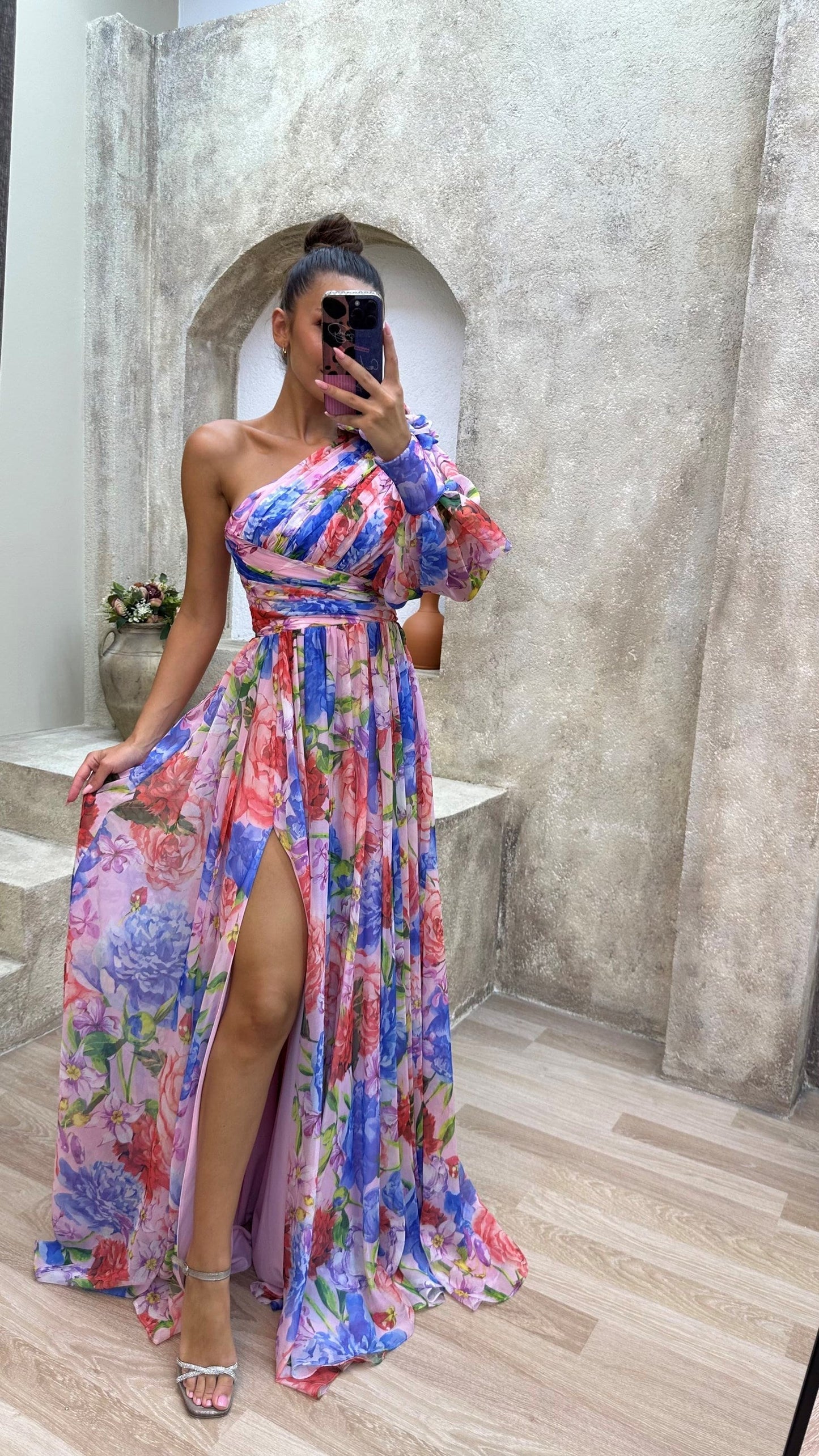 Leah | Women's One-Shoulder Multicoloured Floral Pattern Bishop Sleeve Cinched Waist Leg Slit Formal Maxi Dress