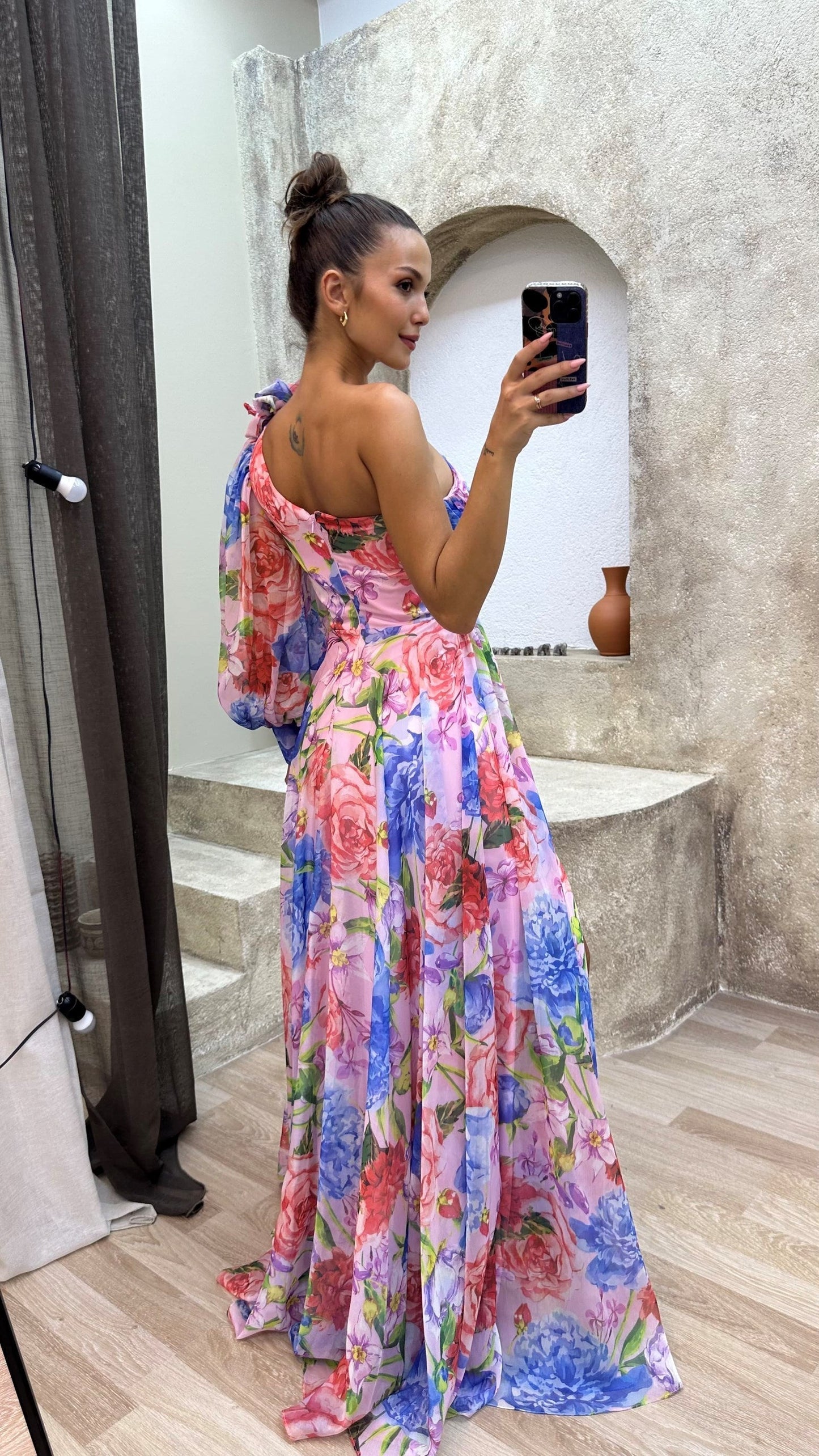 Leah | Women's One-Shoulder Multicoloured Floral Pattern Bishop Sleeve Cinched Waist Leg Slit Formal Maxi Dress