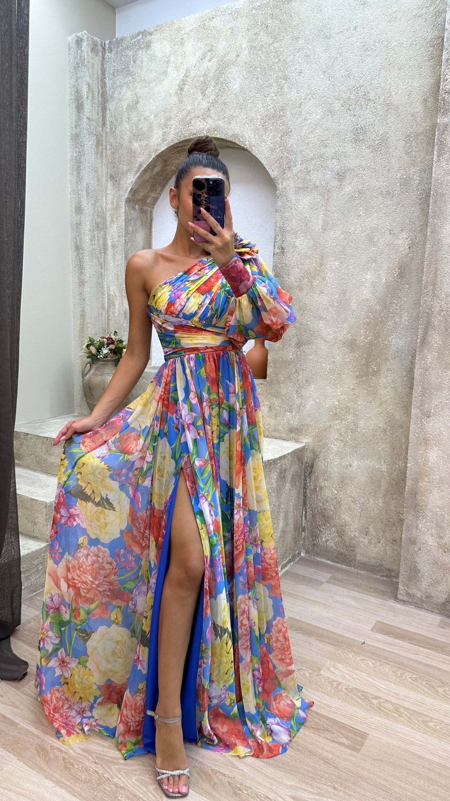 Leah | Women's One-Shoulder Multicoloured Floral Pattern Bishop Sleeve Cinched Waist Leg Slit Formal Maxi Dress