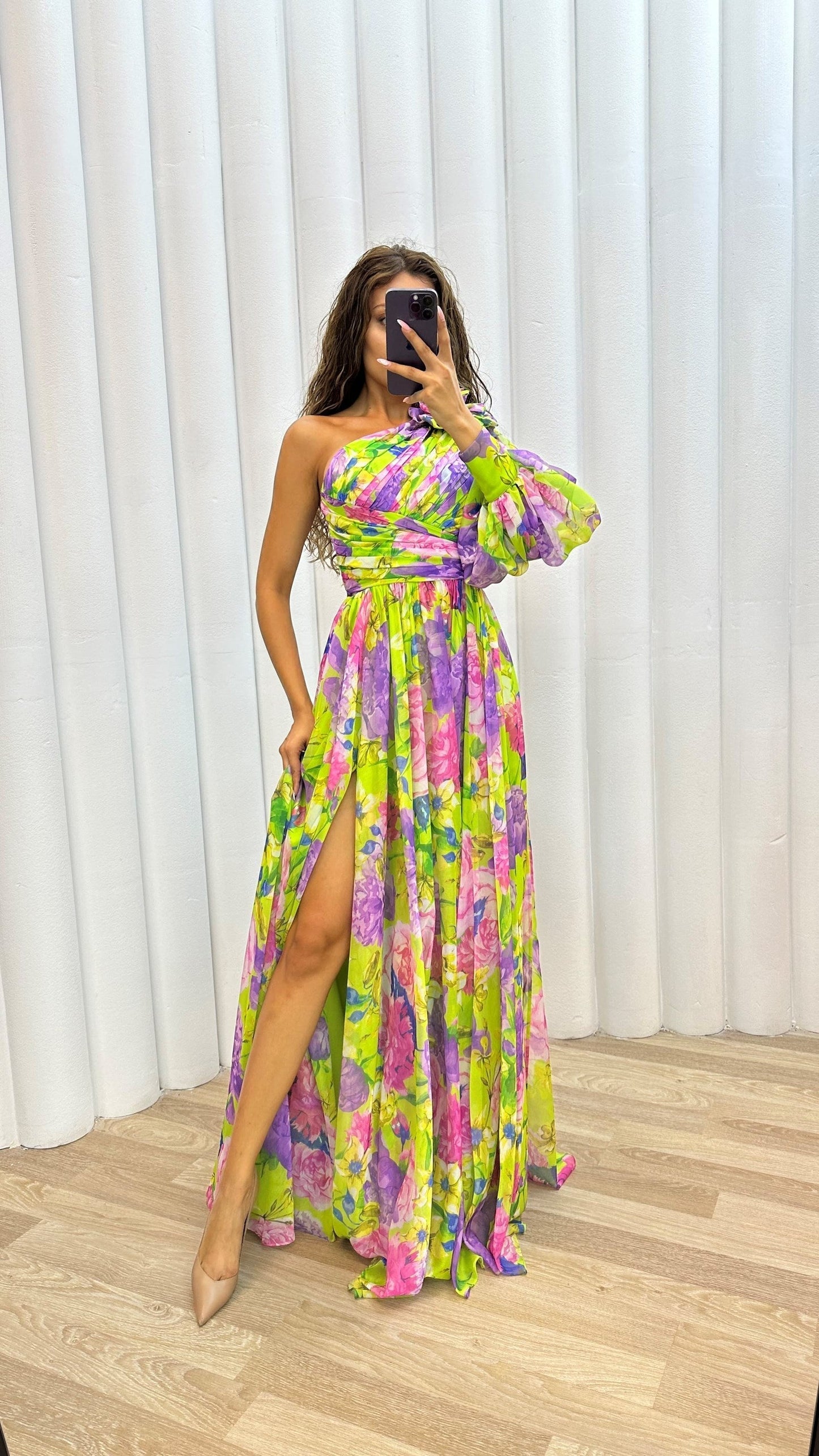 Leah | Women's One-Shoulder Multicoloured Floral Pattern Bishop Sleeve Cinched Waist Leg Slit Formal Maxi Dress