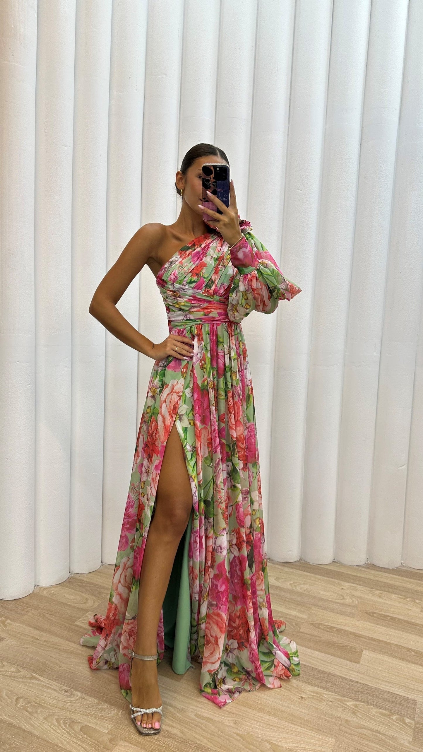 Leah | Women's One-Shoulder Multicoloured Floral Pattern Bishop Sleeve Cinched Waist Leg Slit Formal Maxi Dress