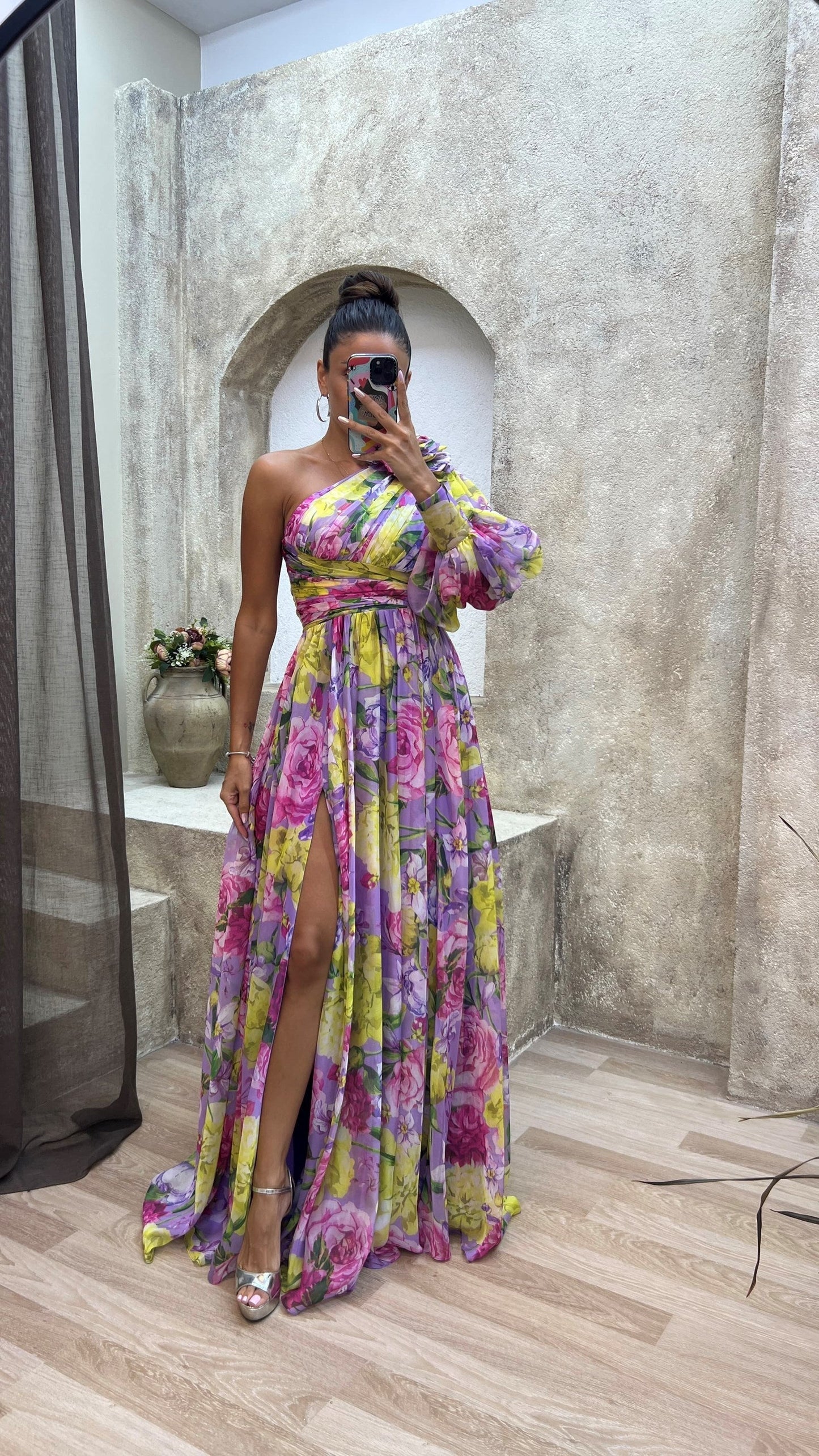 Leah | Women's One-Shoulder Multicoloured Floral Pattern Bishop Sleeve Cinched Waist Leg Slit Formal Maxi Dress