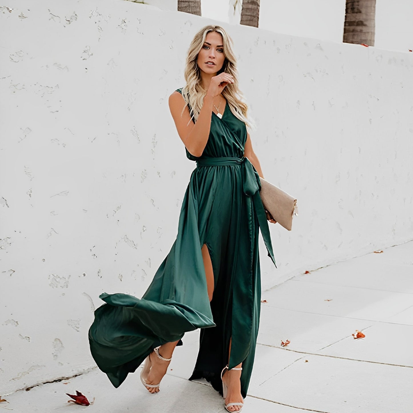 Nymeria | Women’s Elegant Sleeveless V-Neck Maxi Dress with Slit and Waist Tie
