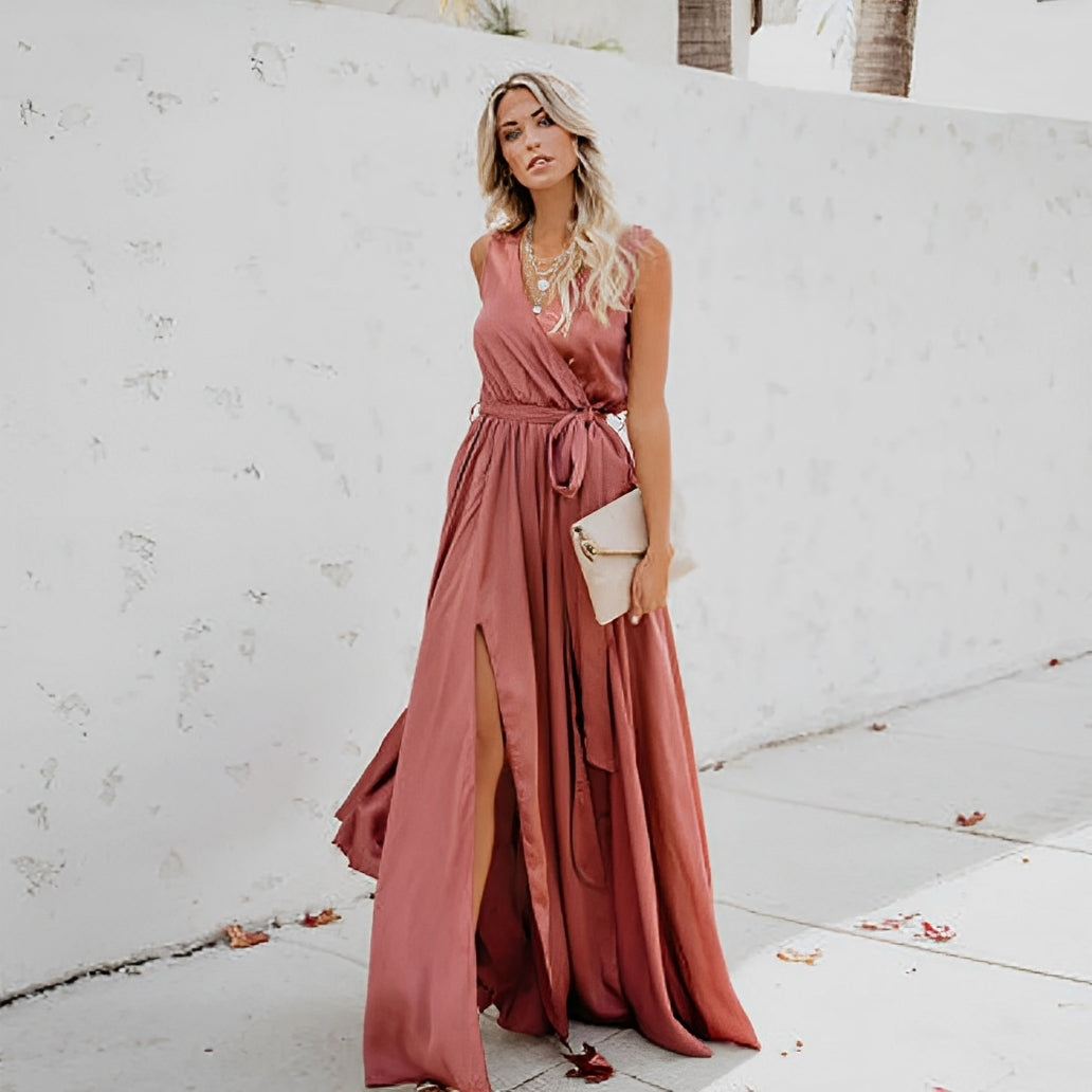 Nymeria | Women’s Elegant Sleeveless V-Neck Maxi Dress with Slit and Waist Tie